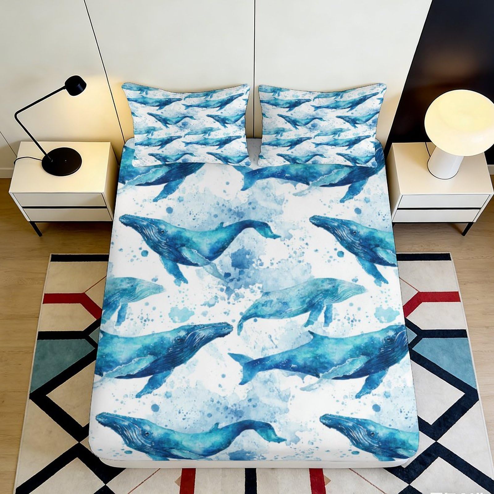 Jqzkxnhpbr Style-7 3D Printed Blue Whale Fitted Sheet Microfiber Soft Ocean Wave Mattress Cover For Bedroom Dorm Decor Easy Care 90X200x25cm