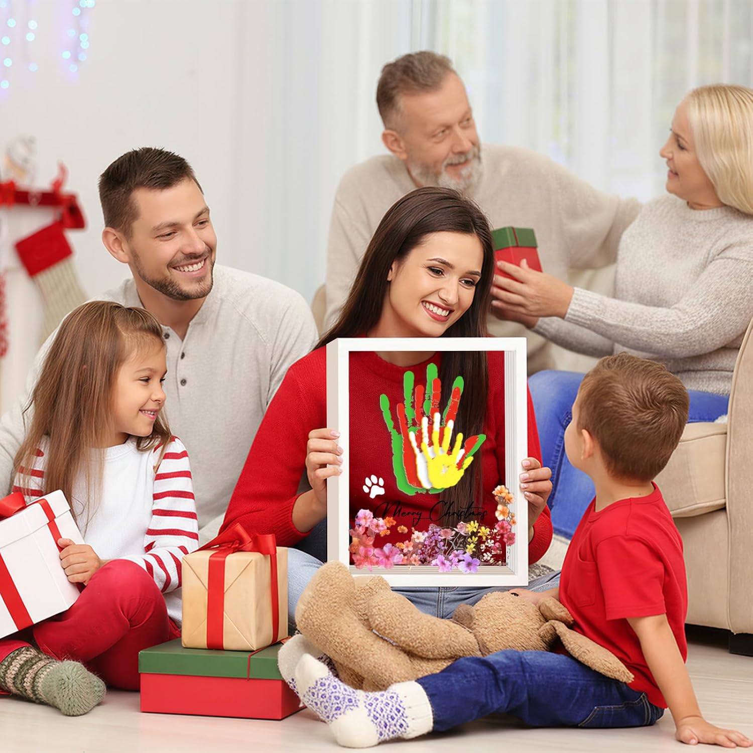 OurWarm Family Handprint Kit for 4, DIY Baby Handprint Set Keepsake Gifts with 50 PC Stickers & 12 Paints, Baby Footprint Kit Wooden Frame for New Parents Anniversary Newborn Adoption Day Gifts