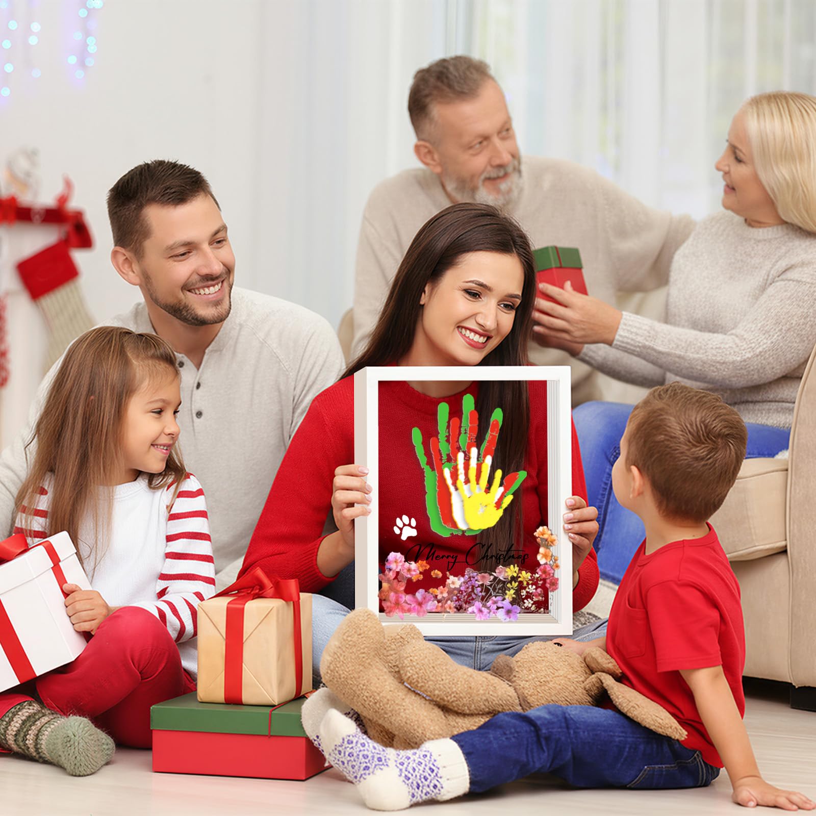 Handabdruck Set Familie für 4 Personen mit 12 Acrylfarbe, DIY Baby Handabdruck und Fußabdruck Set mit Sticker Blumen, Geschenke für Werdende Väter Mütter Baby Shower Taufe