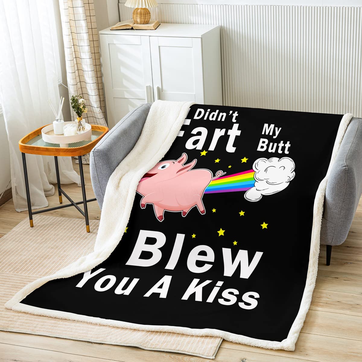 Rainbow Pig Fleece Throw Blanket with Sherpa, Cute Cartoony Pig Plush Blanket for Kids, Girls & Boys, Fuzzy Kawaii Animal Blanket for Bed & Sofa, Single 50x60 Inch