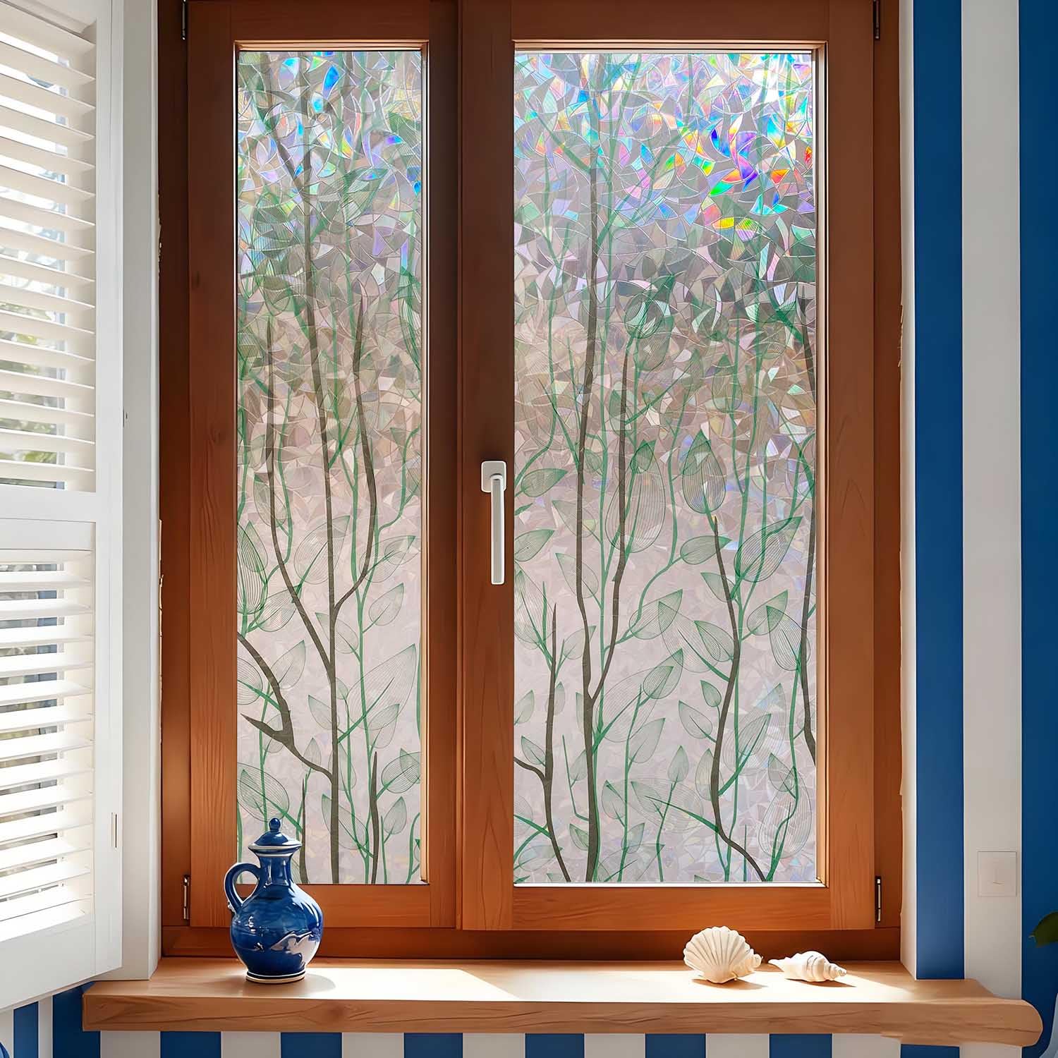 XQKXHZ Frosted Decorative Window Film Green Vine Plants Window Stickers, Static Cling Rainbow Window Privacy Film, For Home, Bathroom, Kids Room, Bedroom,50x200cm