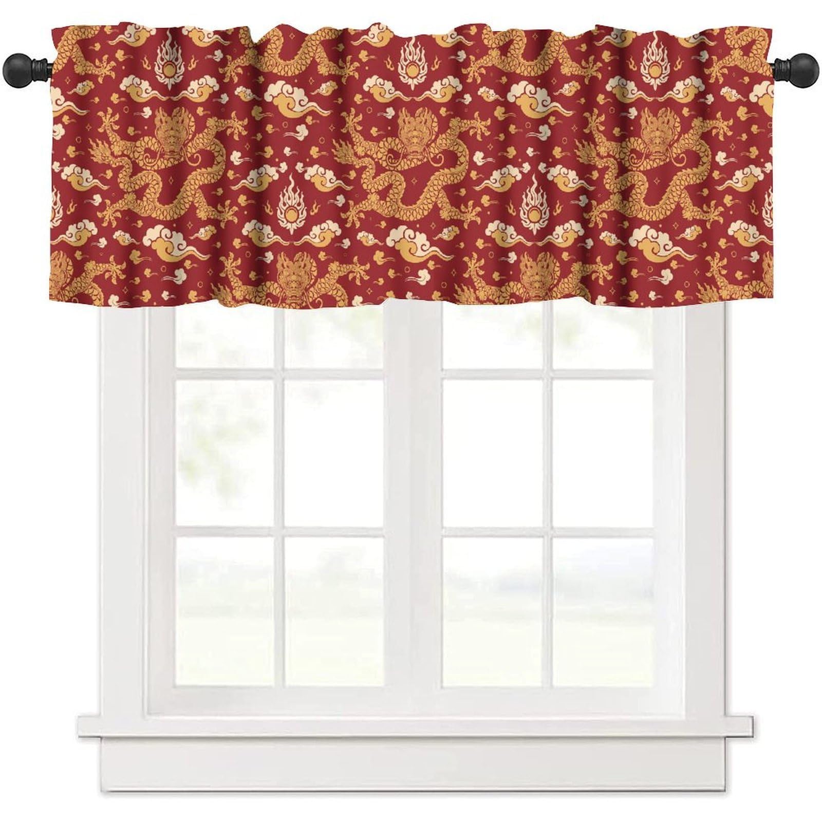 moderw Vintage Dragon Valance Curtain Traditional Oriental Chinese Dragons Japanese Flying Animal Window Treatment Valance for Home Dining Room Kitchen Canteens Party 54x18inch