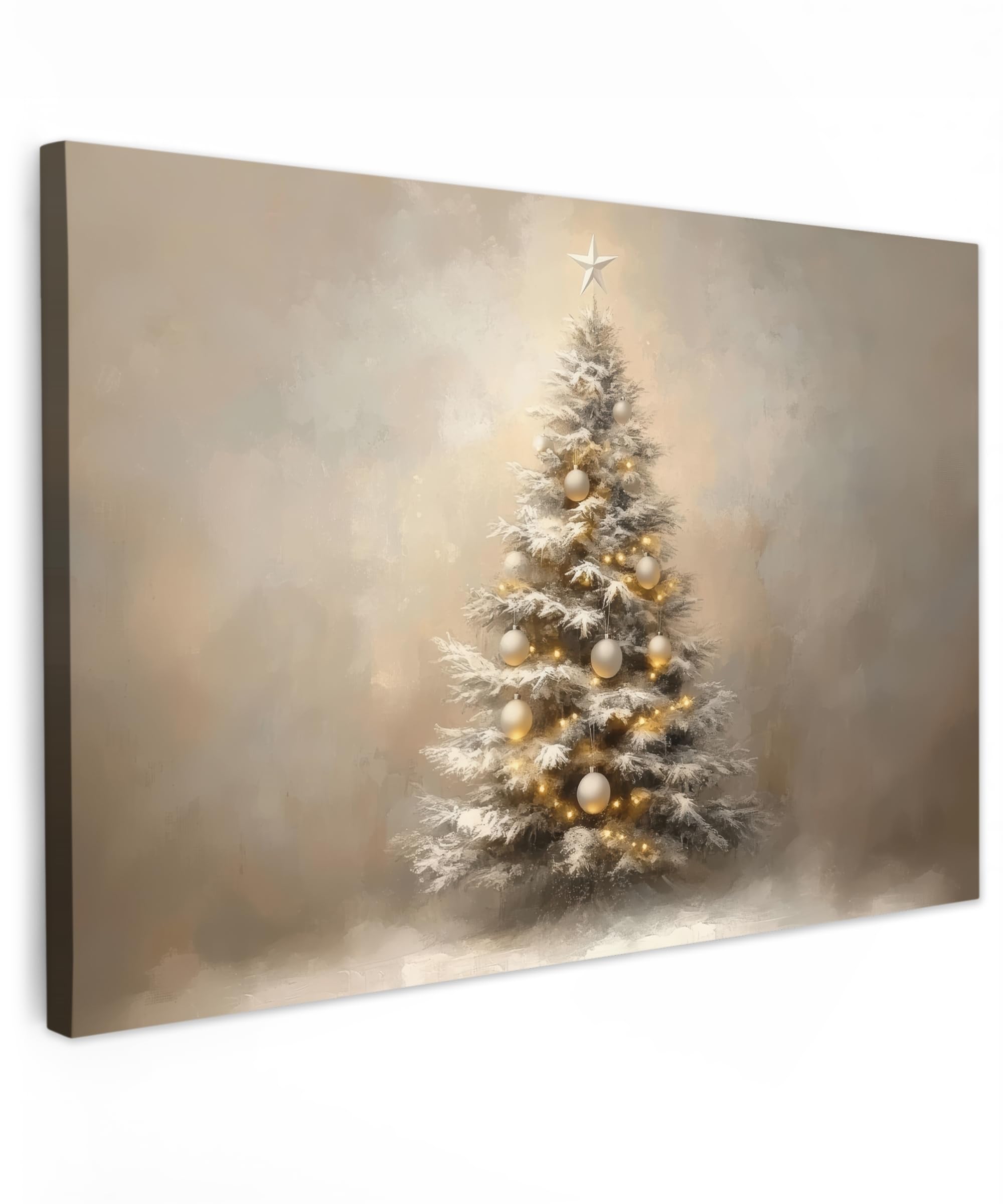 Muchowow Christmas - Tree Muchowow© Canvas Wall Art 35"X24" / 90X60 Cm Decor Paintings Prints Framed On Canvas Decorations Wallart Christmas - Christmas Tree - Snow - Beige