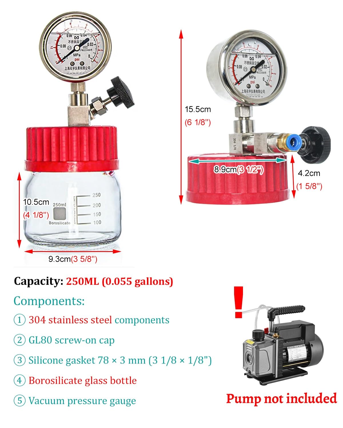 Cámaras de Vacío Mini Recipiente Desgasificador Al Vacío con Manómetro de Presión Negativa, Tanque de Almacenamiento Al Vacío Hermético, Desecador de Laboratorio(0.055 Gallon/250ML)