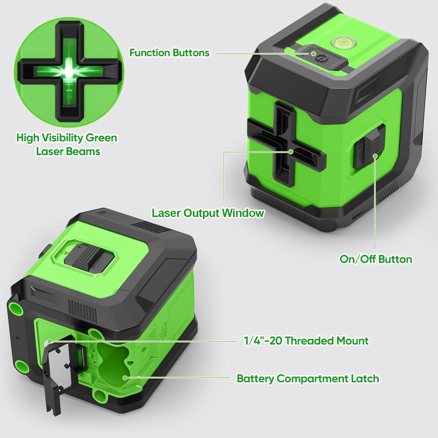 Diagram showing parts of the laser level including on/off switch