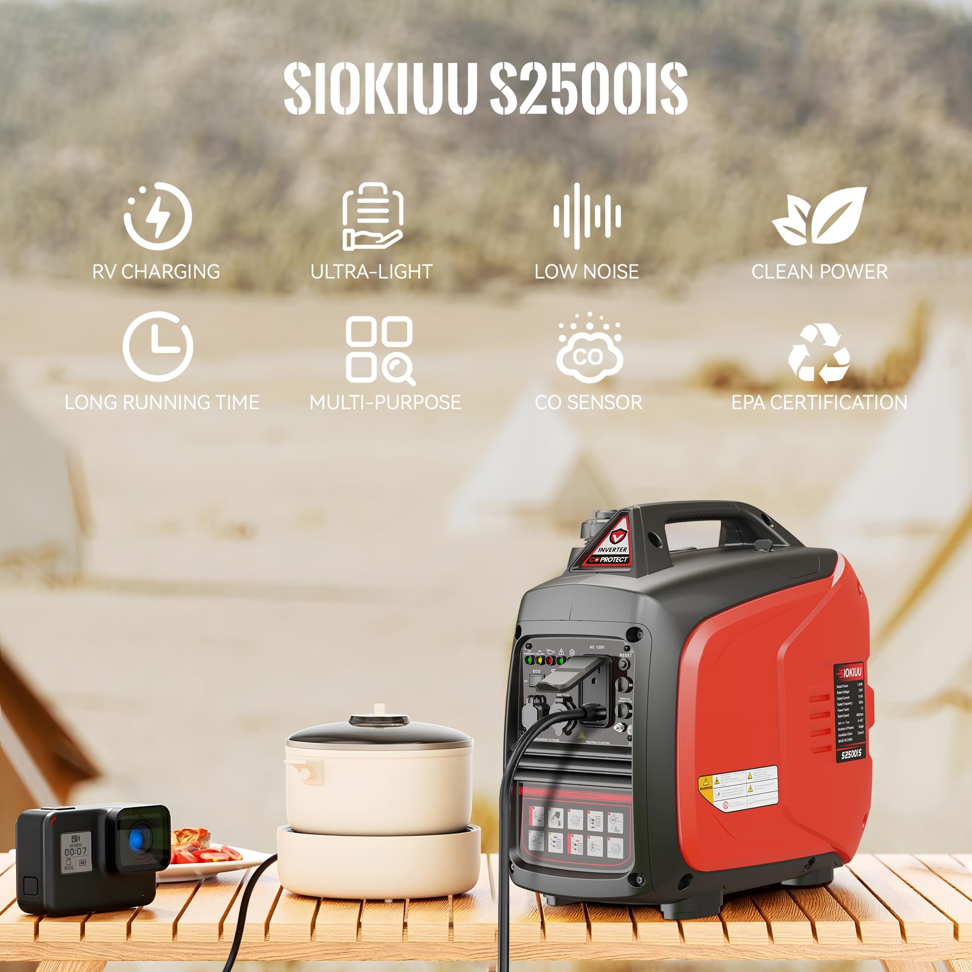 Generador portátil de 2500 W, generador inversor súper silencioso, ultraligero para respaldo del hogar, campamento al aire libre, protección de sensor de CO, EPA, modo ECO