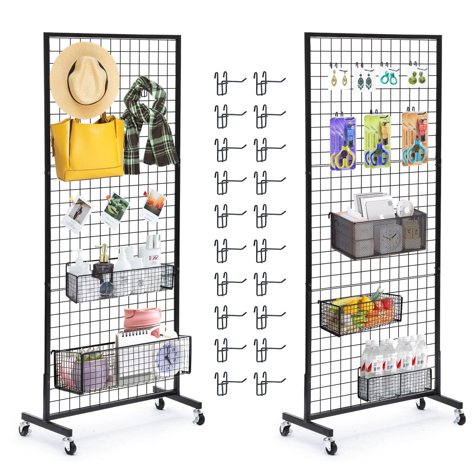 Eastern Tree Grid Wall Panels, Gridwall Panels Stand with T-Base, Black Wire Grid Wall Panel Display with Wheels, Craft Fair Display Rack, Retail Display, 2 Packs 2.5'x 6', Extra More 20 Pieces Hooks