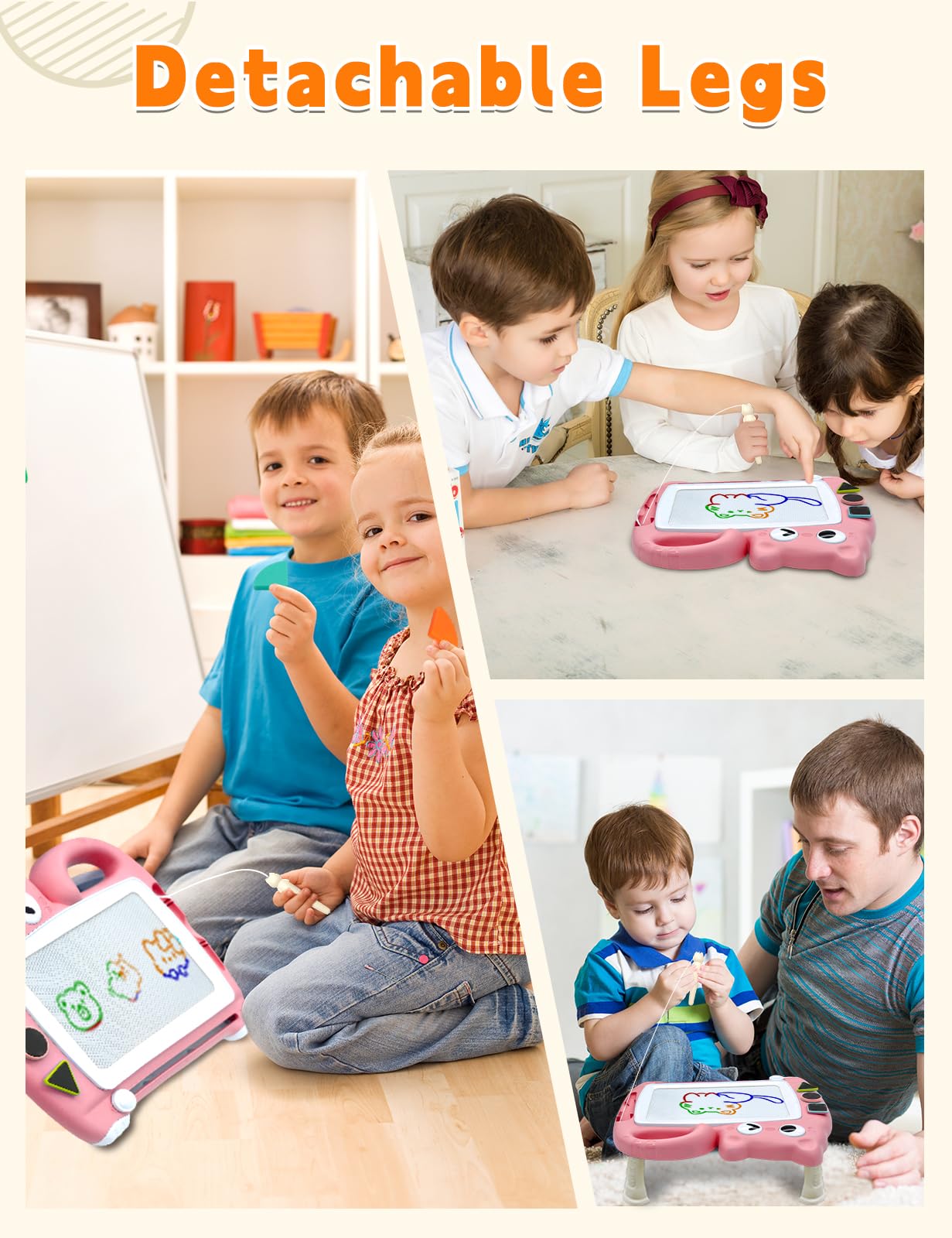 Magnetmaltafel Kinder 8.5 Inch, Zaubermaltafel Tragbar mit 4 Farbzonen, Zaubertafel ohne Staub für Kinder 1-6 Jahre, Mit Magnetstift & Bauklötze(Rosa)