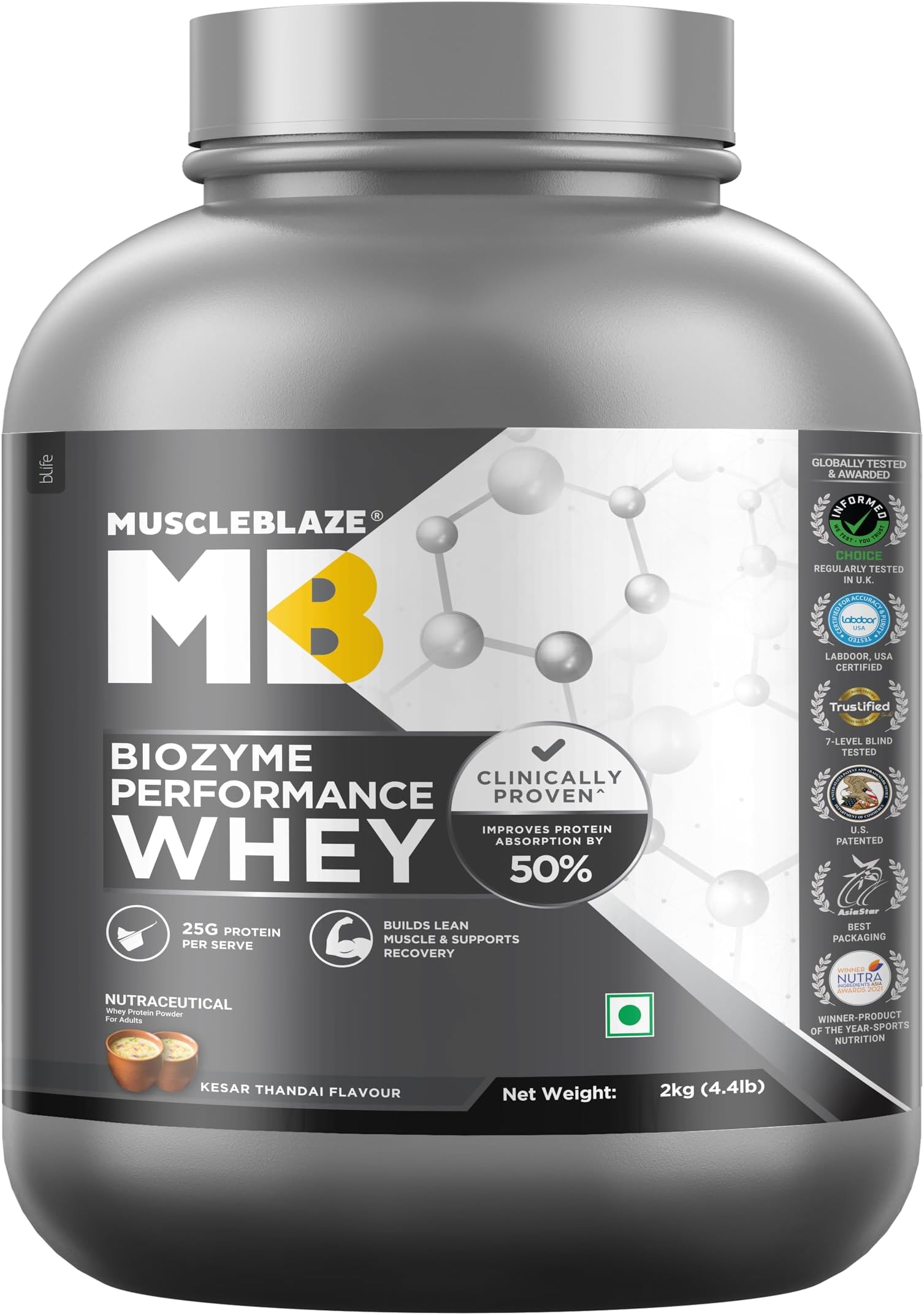 - MuscleBlaze Biozyme Performance Whey Protein Powder, Kesar Thandai (2kg / 4.4lbs) | 25g Protein Per Scoop | Clinically Tested 50% Higher Protein Absorption
