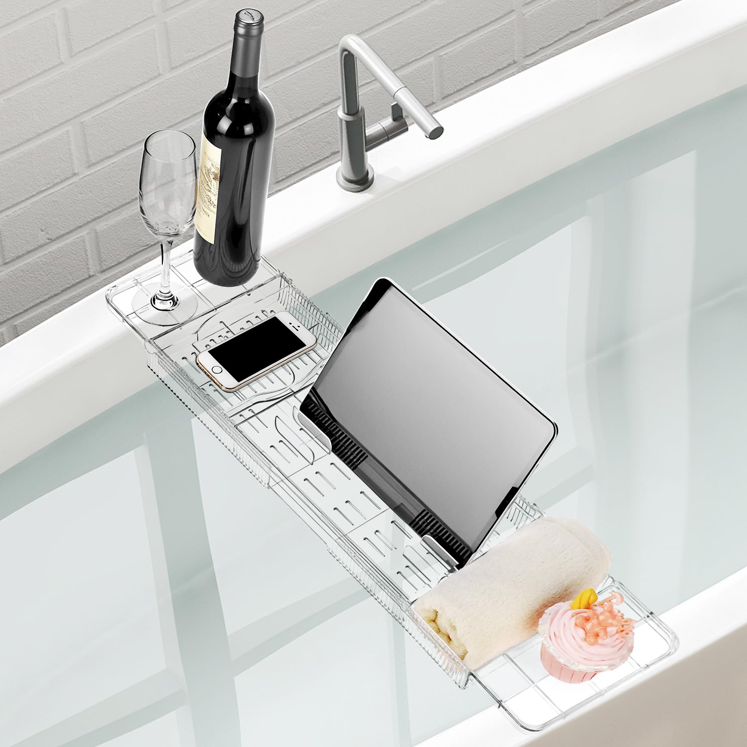 Qwork Transparent Qwork® Expandable Bathtub Tray, Bathtub Storage Rack Retractable 22.3" To 31.8" For Bathtub & Kitchen Sink
