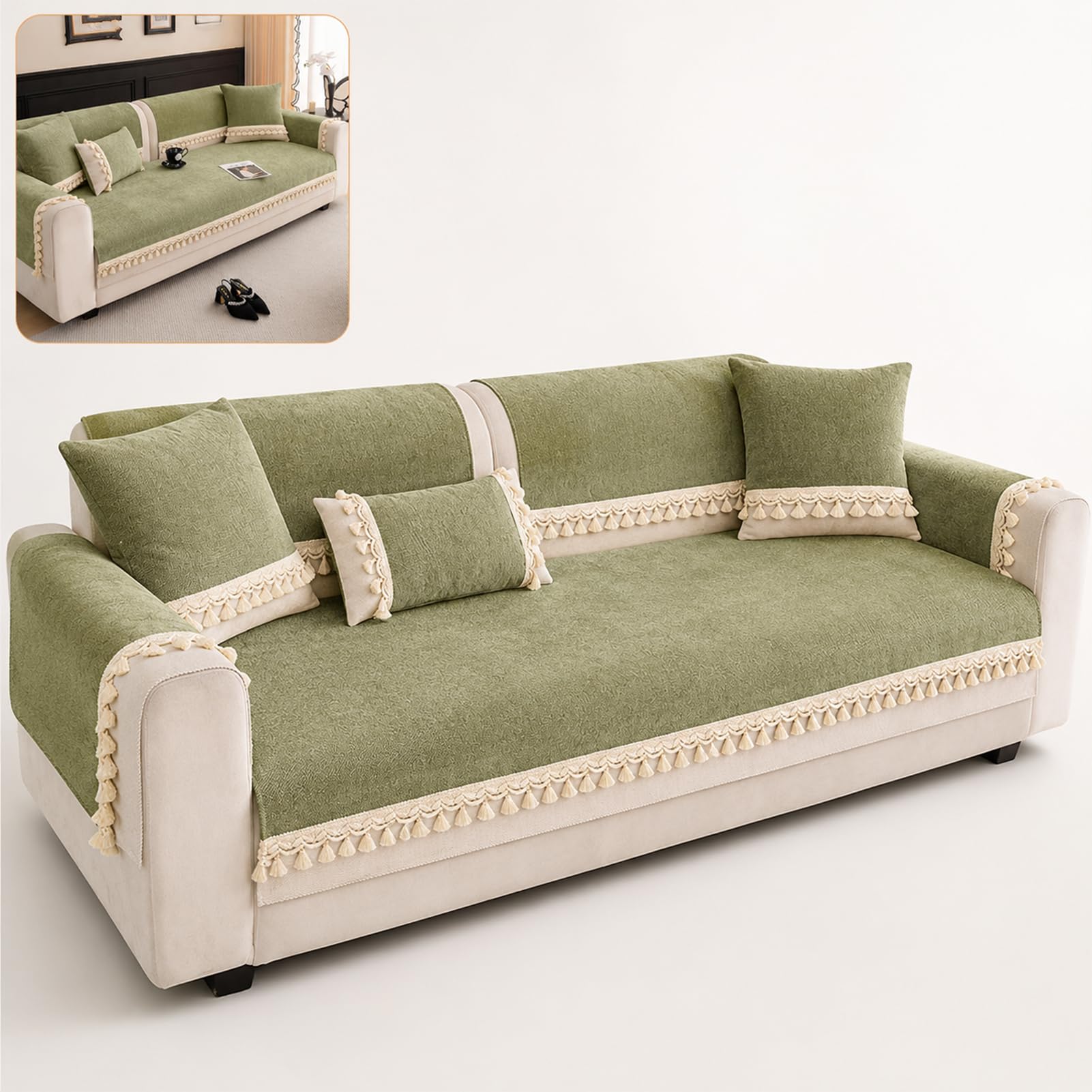 TJKK Sofa Cover 3 Seater, Corner Couch Cover L Shape, Couch Covers for Dogs, Washable Sofa Slipcovers,Thick - All Season Sectional (green,70 * 90cm)