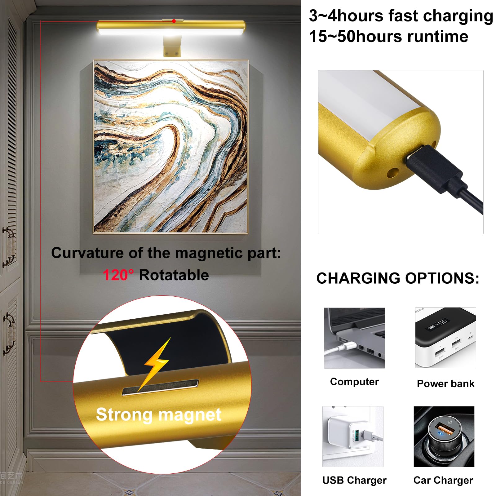 picture light with remote control wireless lampe d'image à batterie pour mur avec télécommande lampe d'art rechargeable sans fil pour la peinture avec