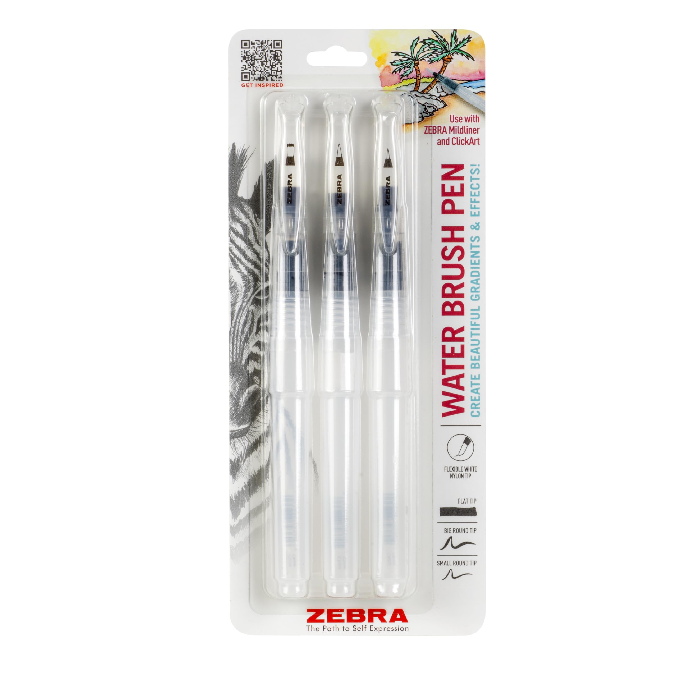 Zebra Pen Water Brush Pens, Set of 3, Watercolor Pens Set, 3 Flexible Nylon Brush Tip, Sizes: Large, Small, and Flat, Refillable Water Brush Pen,
