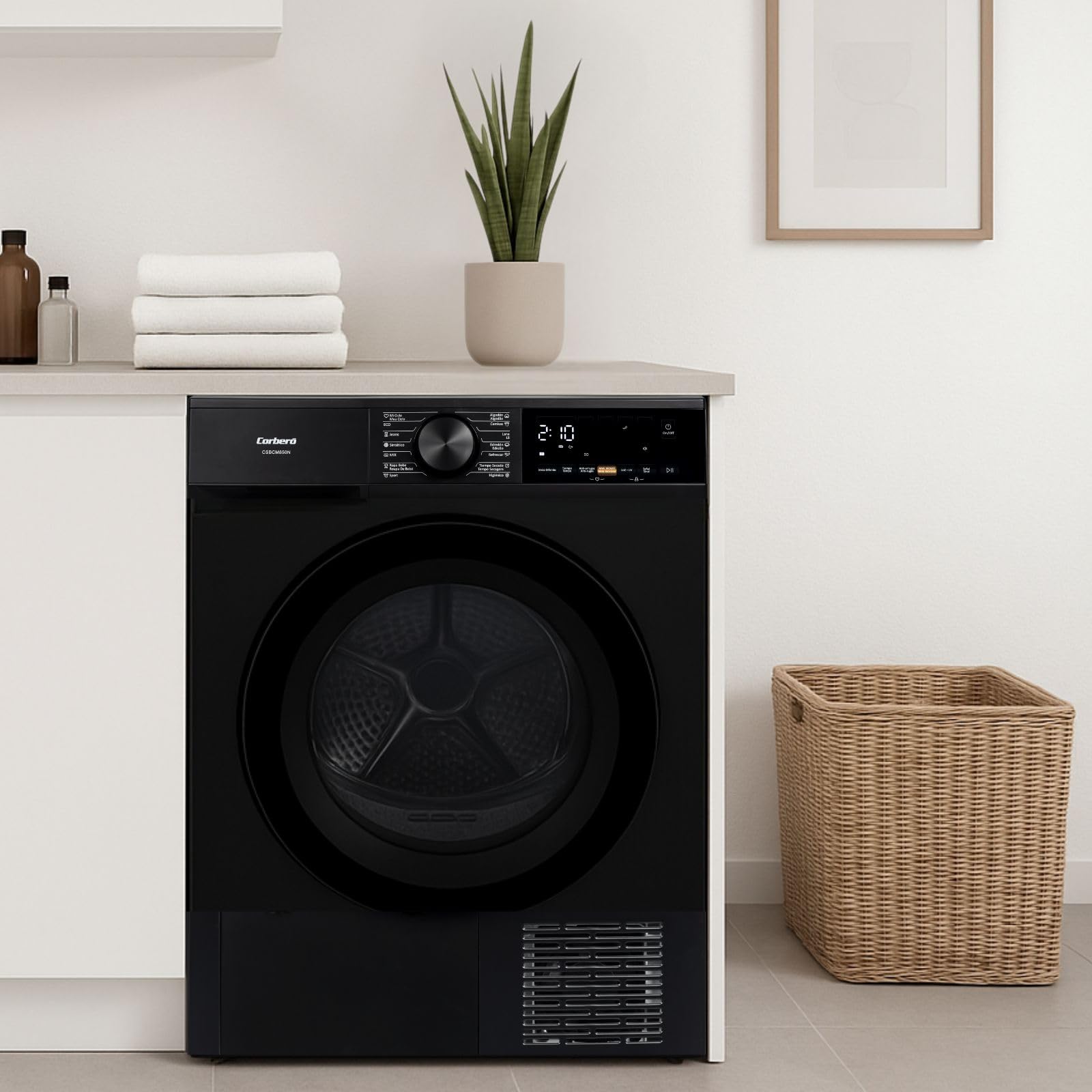 Corberó - Secadora Bomba de Calor Excellence | CSBCM850N | 8 kg | 84,5 x 60 x 59,5 cm | Motor Inverter | 5 Niveles de Secado | Purificación Luz UV | Tambor Inox | 65 dB | Negro | Clase C