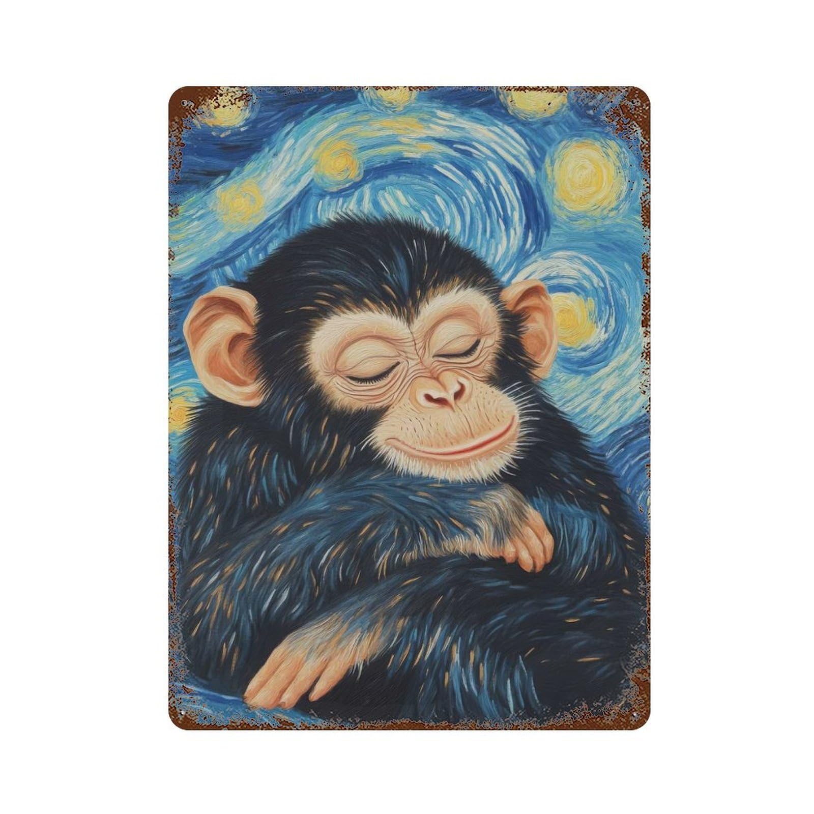 Weathered Tin Sign with Chimpanzee in Starry Night Design 15.7"x11.8", for Basement, Hobby Room And Garage Decor, Industrial Home Decor