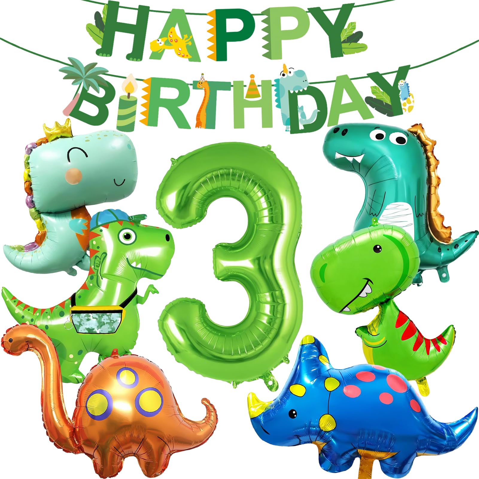 Globos Dinosaurio Decoración Cumpleaños 3 Años, XXL Globos Dino con Happy Birthday Bandera, Fiesta Dinosaurios
