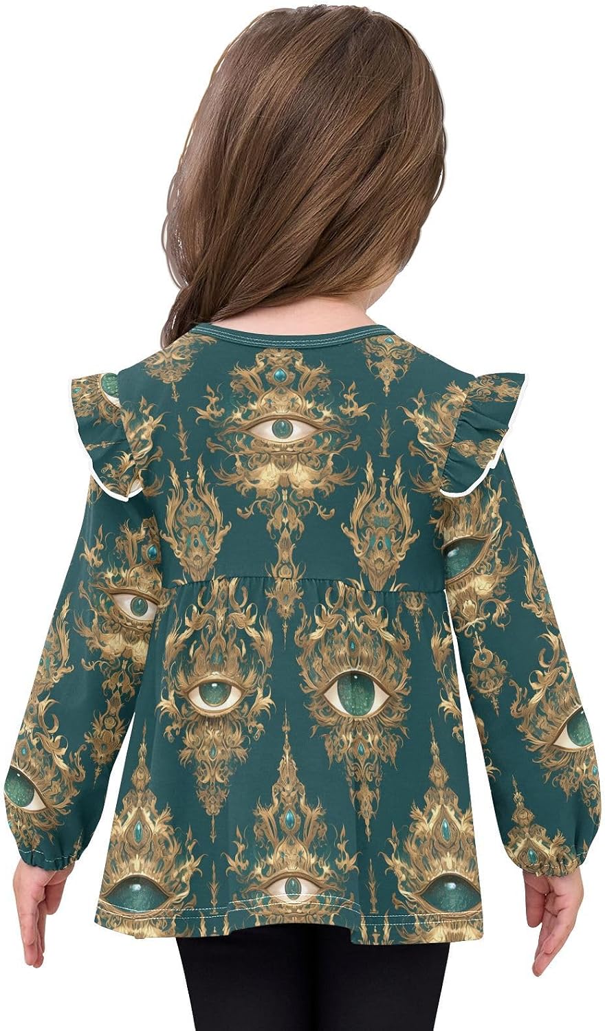 visesunny Toddler Clothes for Girls Ethnic Emerald Gemstone Eye Long Sleeve Fall Shirts Cotton Top with Ruffle Collar