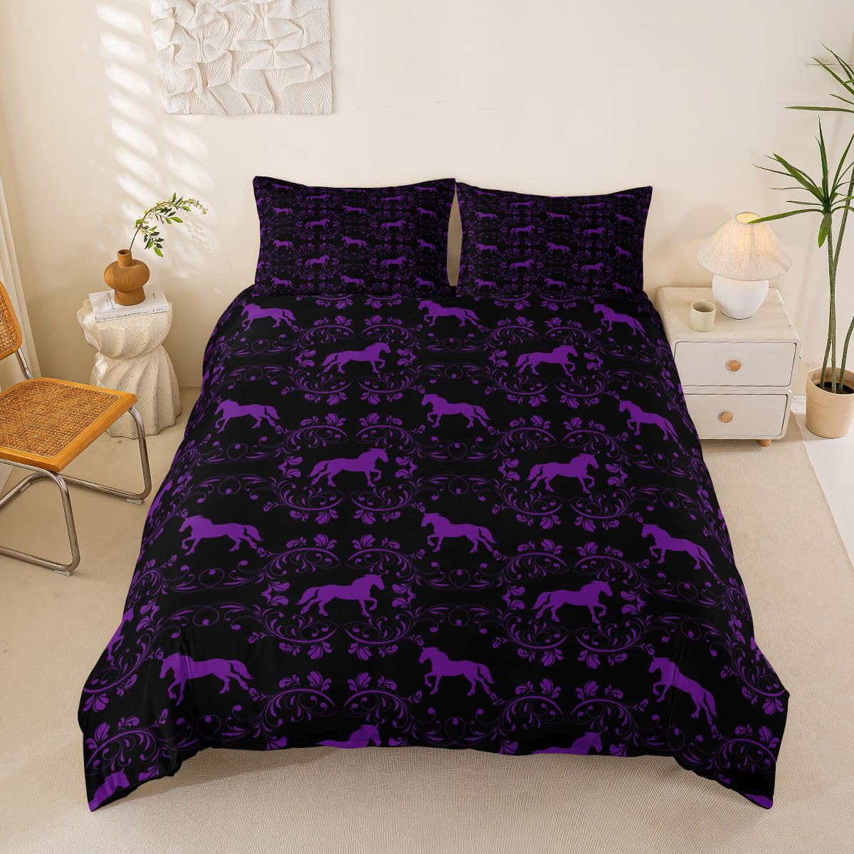 Homemissing Purple Horse Silhouette Duvet Cover Set Single Size for Kids Boys Girls Damask Horse Bedding Set Western Gifts for Equestrian Duvet Cover with 1 Pillowcase Vintage Damask Floral Bedding — image 1