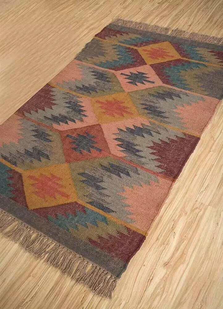 Tapis Kilim en laine naturelle et jute fait à la main - Tapis bohème rustique à tissage plat pour salon, chambre à coucher, décoration d'intérieur (200 x 300 cm)