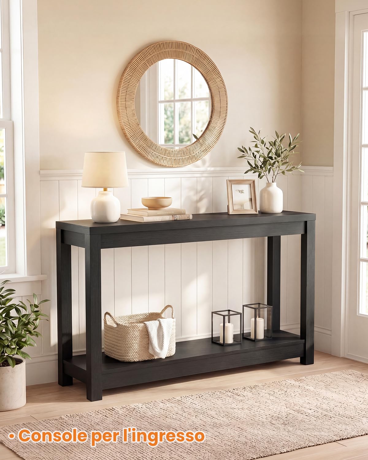 iSunirm Tavolino Console Stretto 120cm, Mobile Ingresso in Legno Stile Farmhouse, Consolle Sottile con Ripiani, Tavolo Dietro Divano o Libreria Salvaspazio, Nero Venatura a Rilievo
