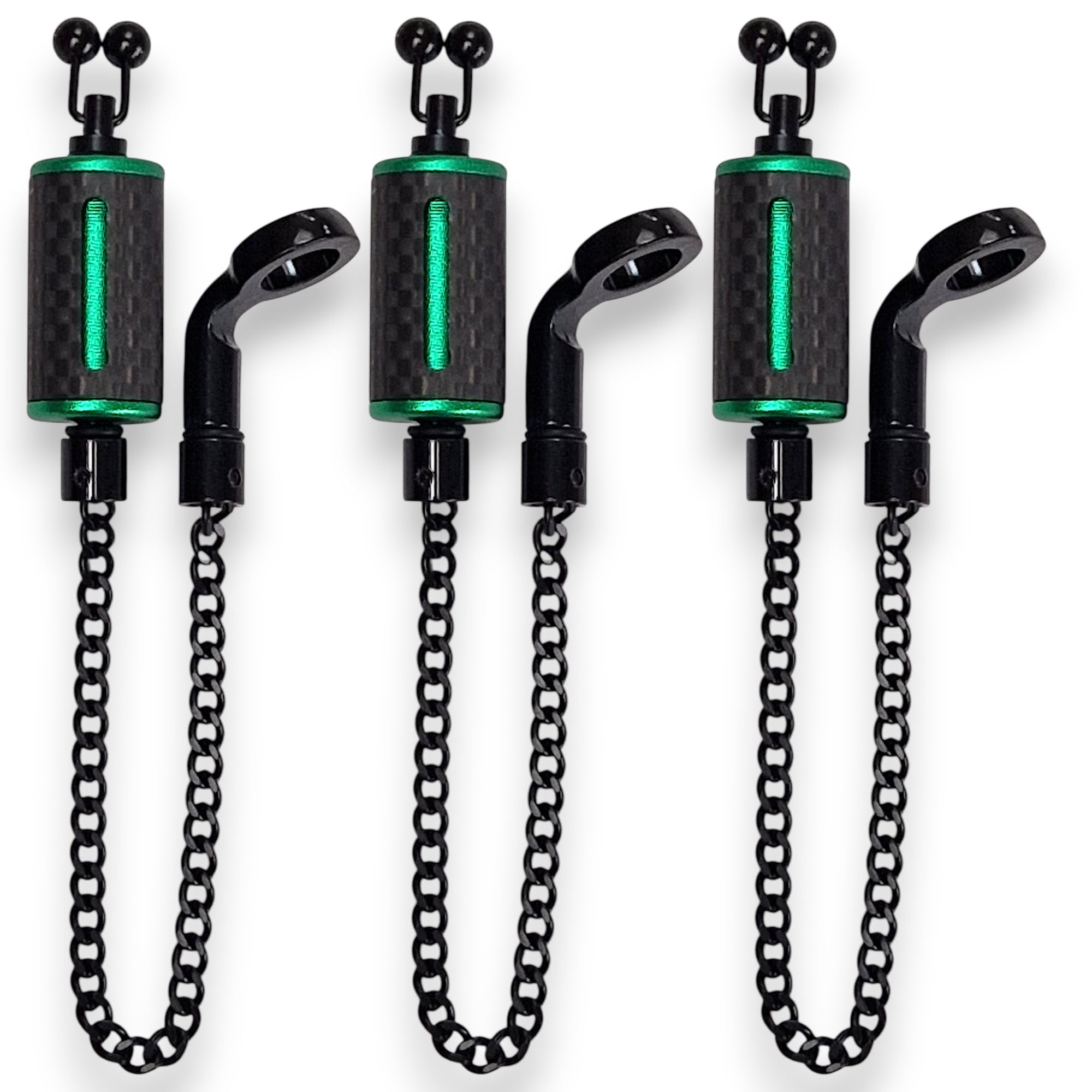 TJR Tackle 3 Green Ultimate Carbon Fibre Bite Indicators bobbins with 14cm Chain, Black stainless steel ball line clips (Green)