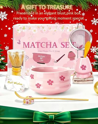 Miniatura 3 de Juego de 8 piezas de matcha de cerámica con tazón para batidor, soporte para kit de té matcha, cuchara de bambú, tamiz, toalla incluida, regalo de