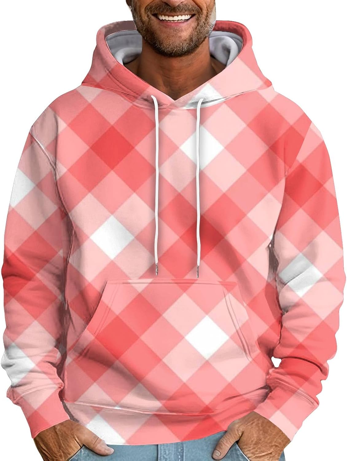Ymosrh Men's Casual Hoodies, Long Sleeve Plaid Print Hooded Sweatshirts Fall Winter Hoodie Pullover, M-6XL