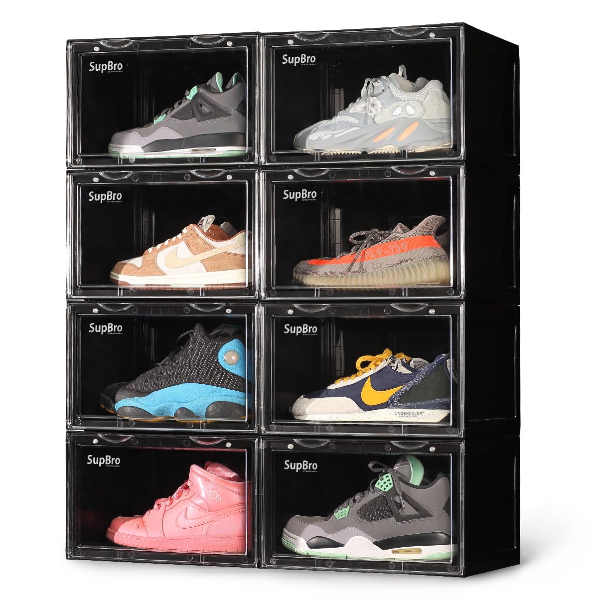 SupBro Collection Crate - Scatola per scarpe di facile accesso, in plastica, pieghevole, impilabile, con porta aperta laterale trasparente, confezione da 8 (nera)