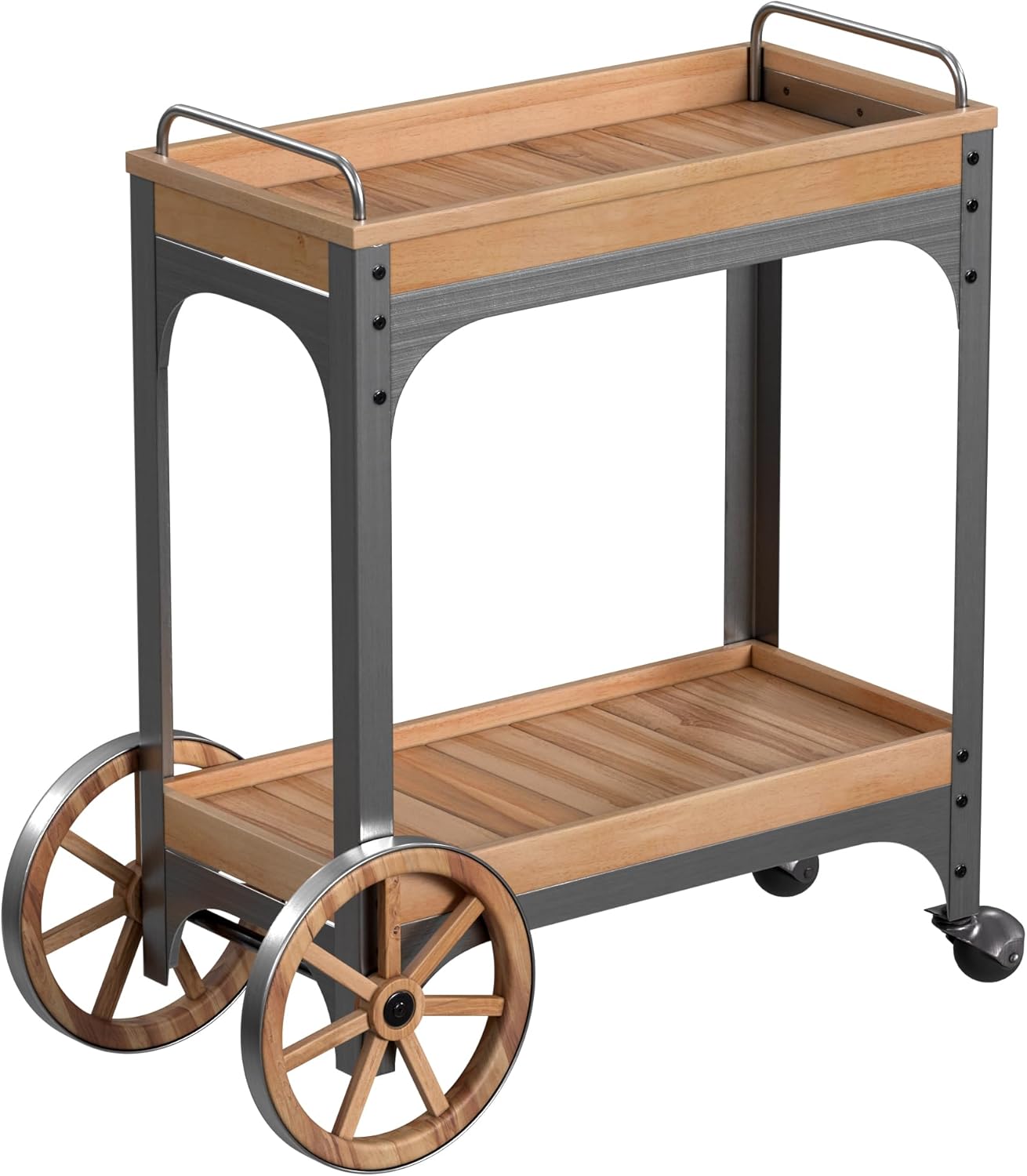 northbeam The Rustic Entertainer Bar Serving Cart on Wheels, Acacia Hardwood with Two Shelves to Hold a Wide Variety of Items, 37 x 35.5 x 16.5 Inches with Wagon Wheels for Easy Mobility