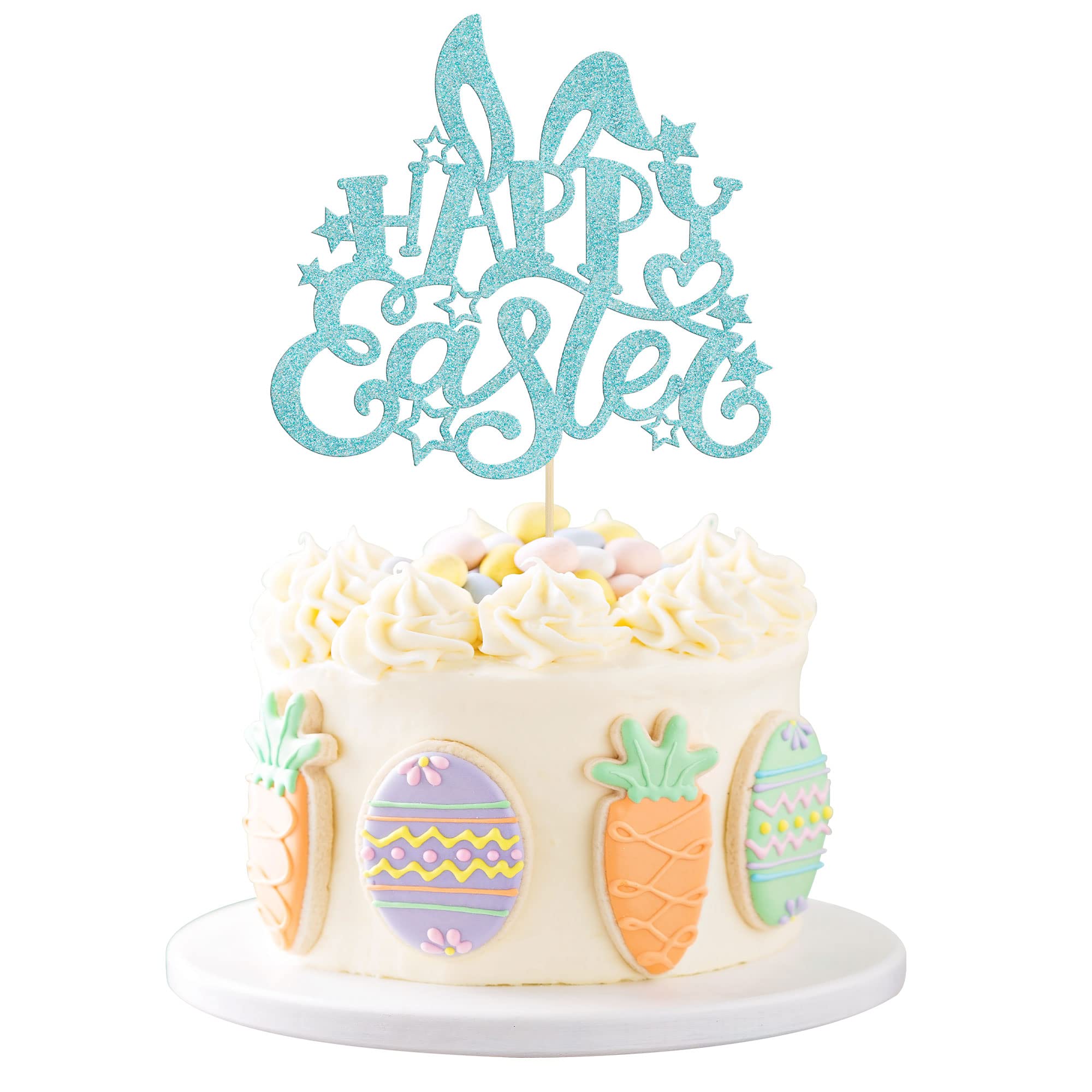 Gyufise 1 Pack Blue Glitter Happy Easter Cake Topper Easter Bunny Ear Cake Decoration for Happy Easter Spring Theme Baby Shower Birthday Party Decorations