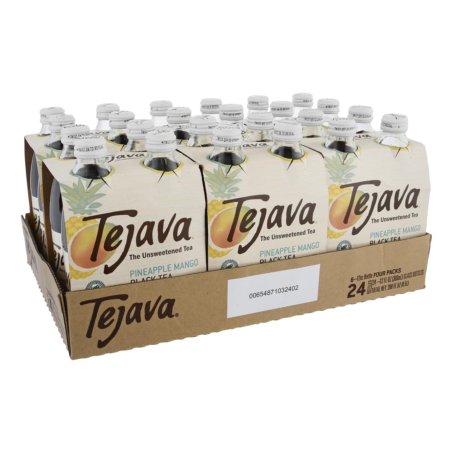 Tejava Pineapple Mango Black Iced Tea, 24 Pack, 12oz Glass Bottles, Unsweetened, Non-GMO, Kosher, No Sugar or Sweeteners, No calories, No Preservatives, Brewed in Small Batches
