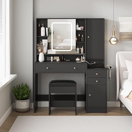 Miniatura 7 de Vabches Vanity Desk with Mirror and Lights, Vanity Table Makeup Vanity with Lights 3 Drawers and Cabinets, Charging Station & Sliding Door, Lots