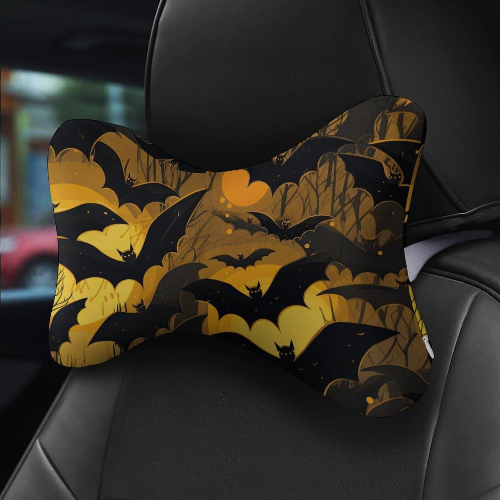 SMAZDFXX Bats Halloween Car Neck Pillow Set of 2 Car Seat Head Support Cushion Bone Pillows with Elastic Strap