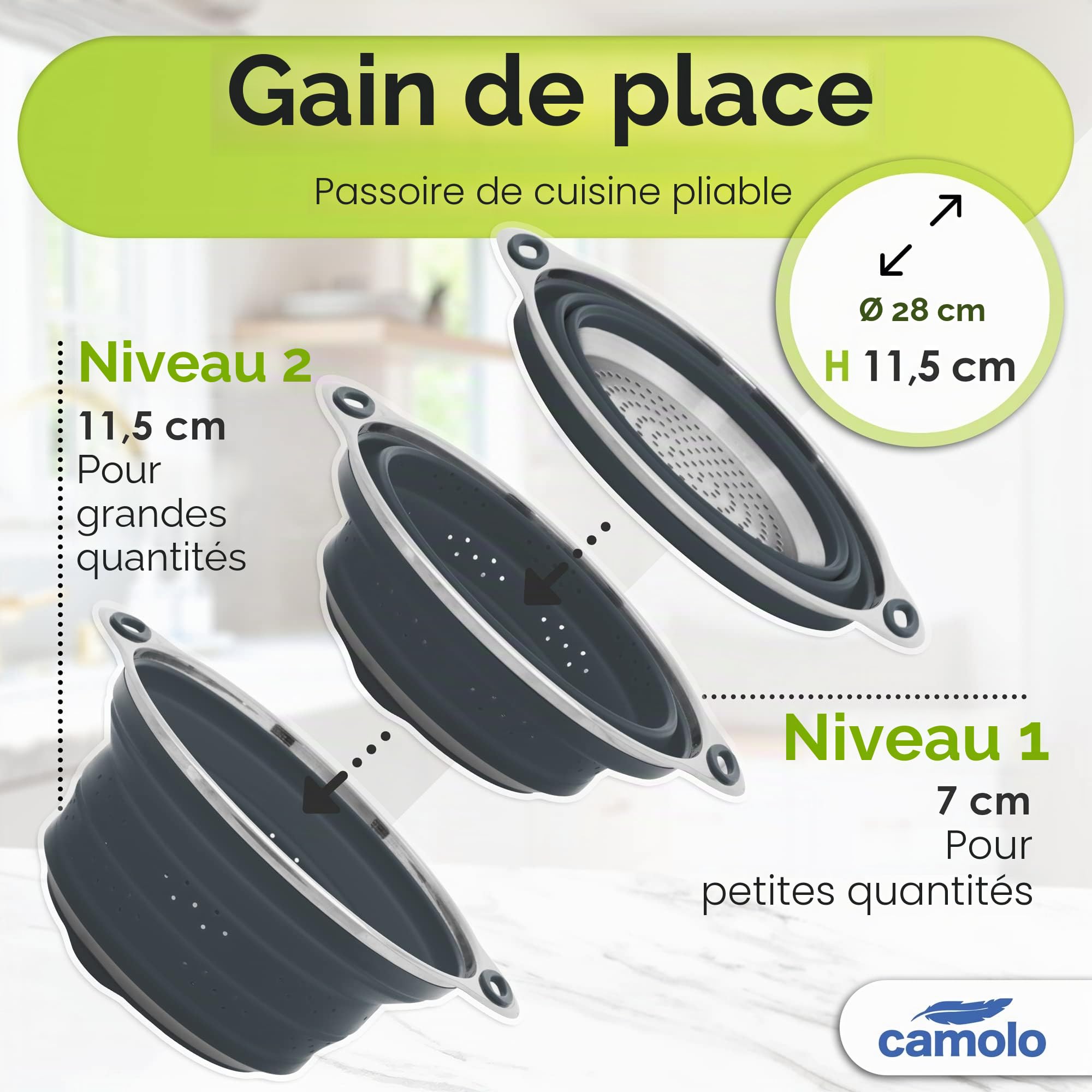 Passoire à pâtes en acier inoxydable et silicone - Pliable - Résistant à la chaleur et peu encombrant - Gris