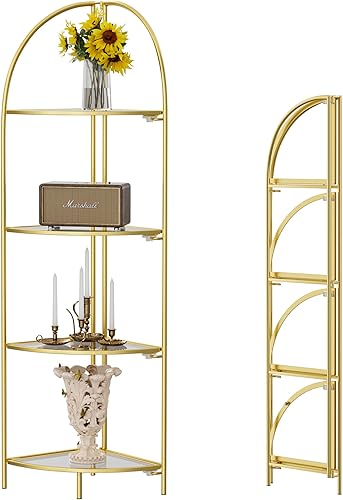 Miniatura 12 de Crofy Estante esquinero plegable de 5 niveles, soporte de esquina de metal para plantas con marco dorado y estantes transparentes, estante de Marco