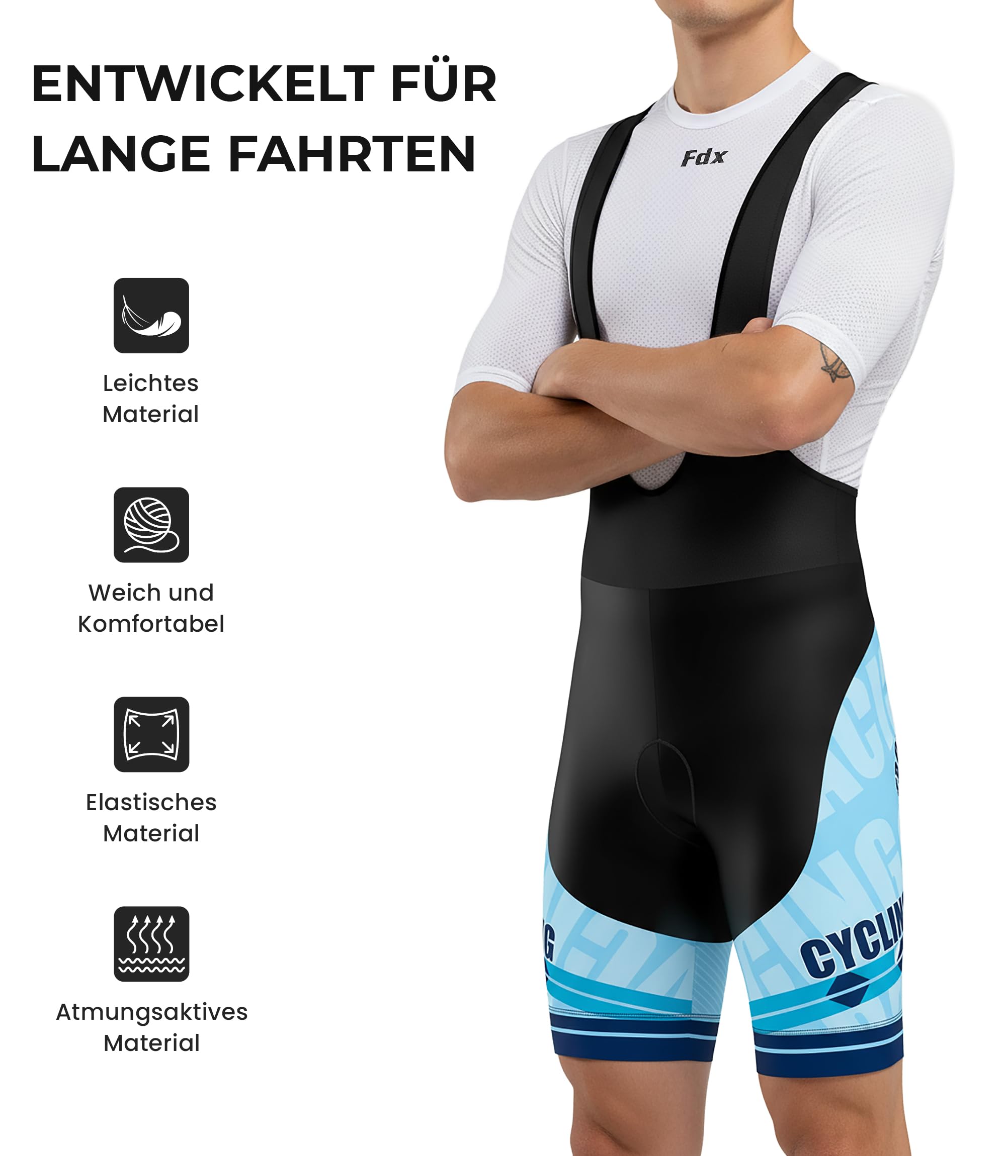 FDX Bib Shorts Herren Kurz 3D Gel Polster mit Mesh Träger | Silikon Beinabschlüsse Atmungsaktives Material Ergonomische Passform für Rennrad MTB Gravel Touren und Training