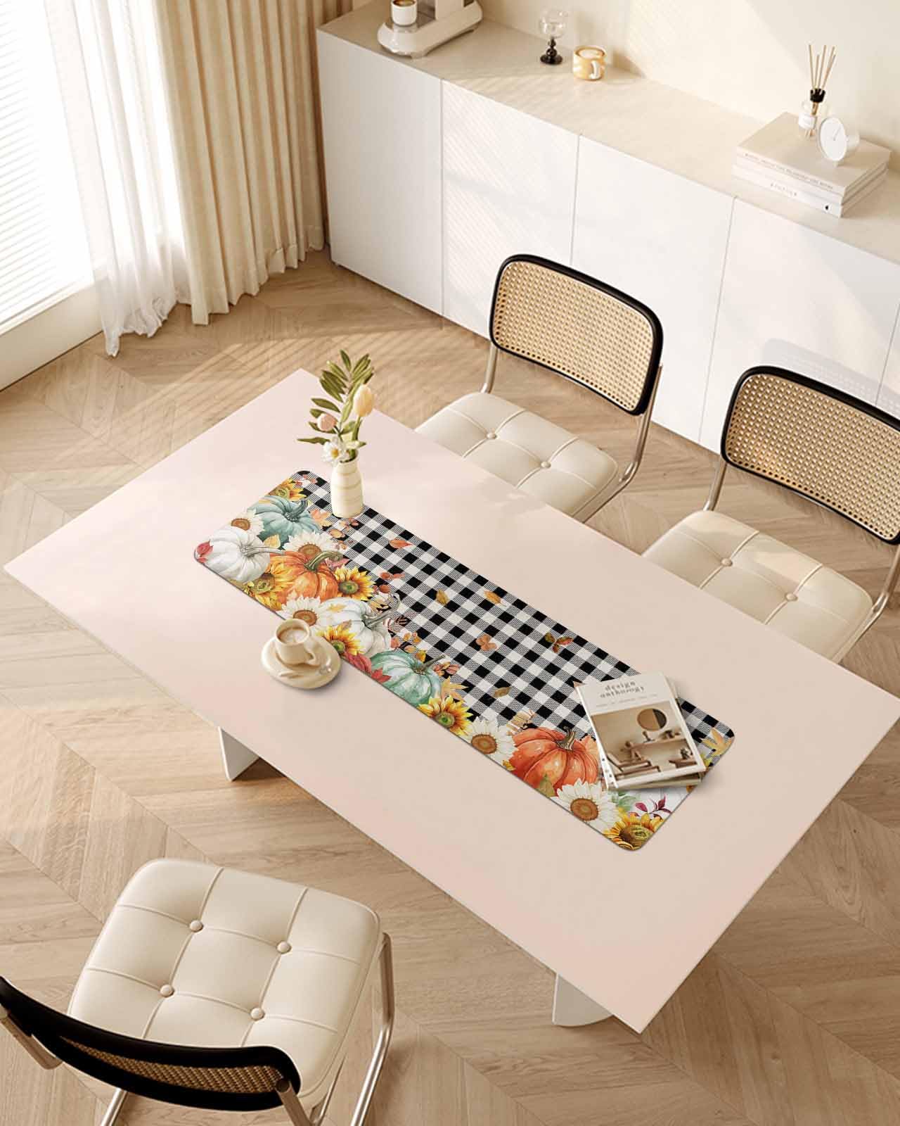 Debedcor Heat Proof Table Pads Waterproof Decorative, Thanksgiving Non-Slip Table Countertop Protector, Fall Sunflower Pumpkin Leaves Plaid Insulation Mat for Dining Room, 48 x 12 Inches