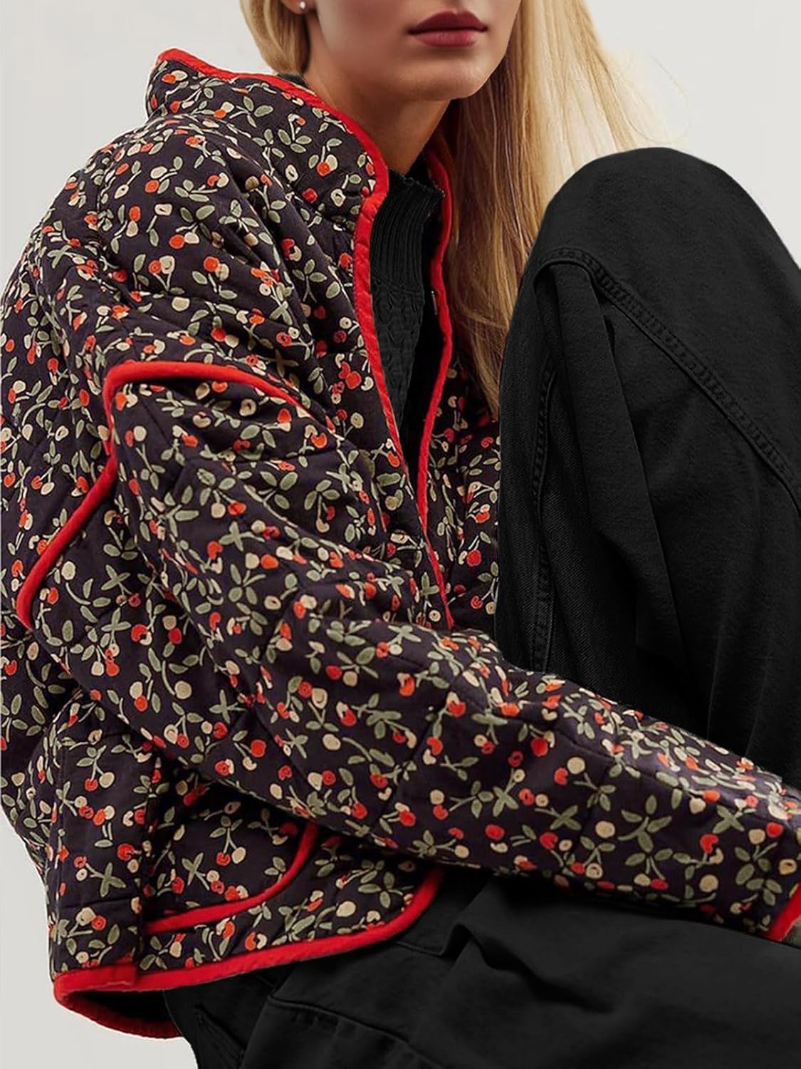 Tankaneo Womens Quilted Lightweight Jackets Floral Print Winter Coats Open Front Cardigan with Pockets - Image 3