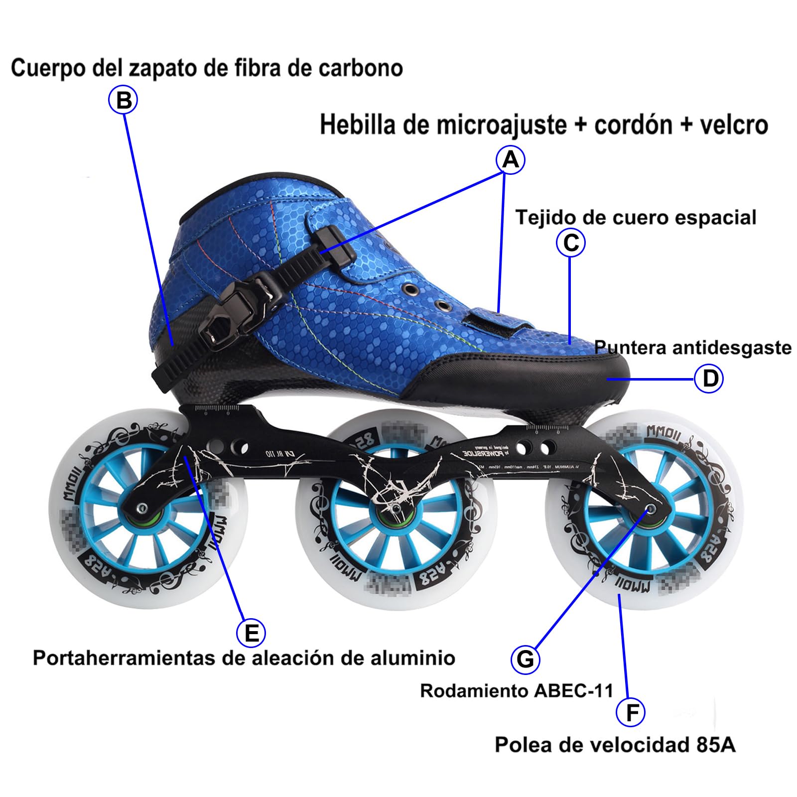 Patines En Línea Adulto Profesionale para Hombre Mujer, Patines De 3 Ruedas - Ruedas De Alta Velocidad, Chasis De Aluminio, Fibra De Carbono, Forro Transpirable, Diseño para Fitness Y Carreras