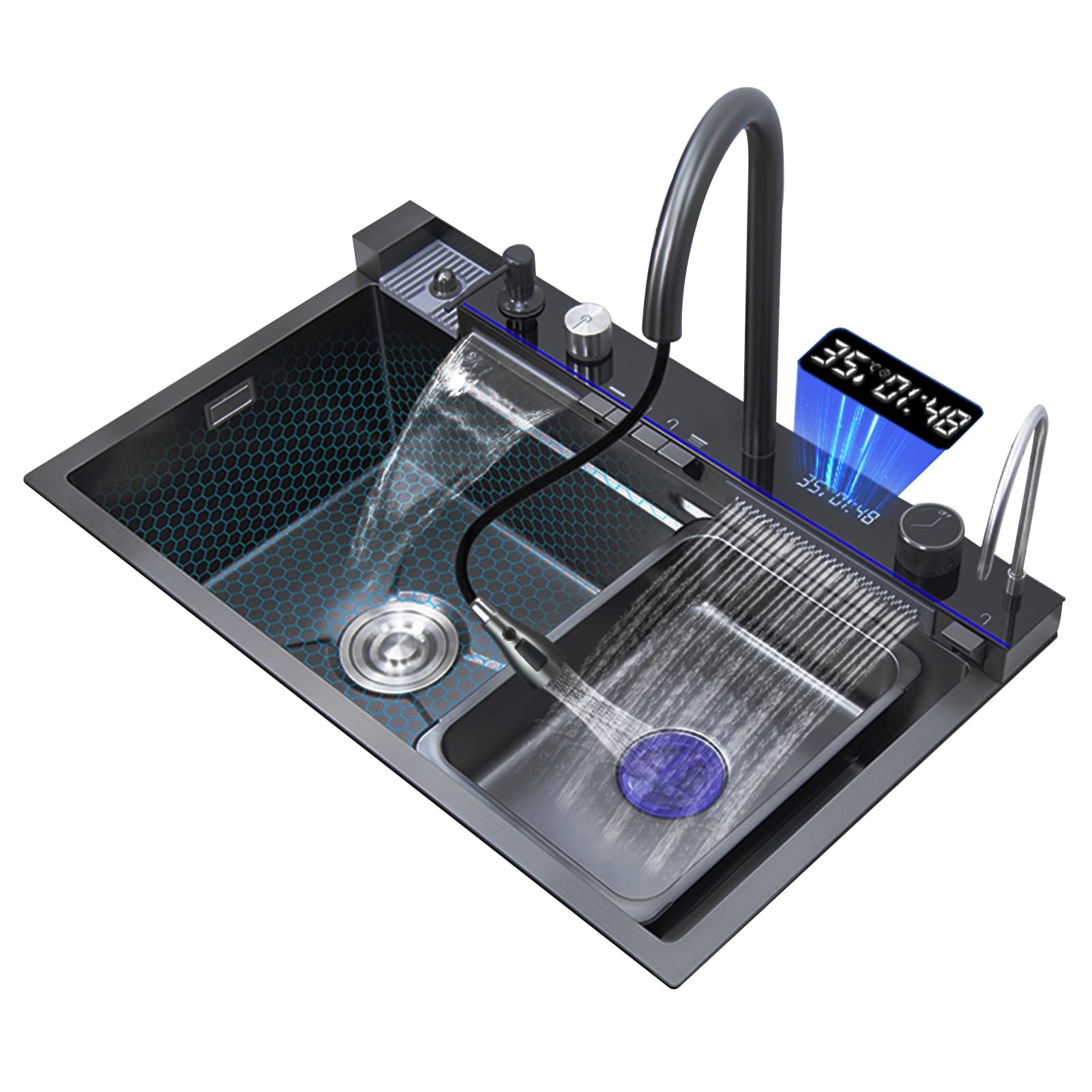 Évier de cuisine intelligent haut de gamme en acier brossé avec double cascade