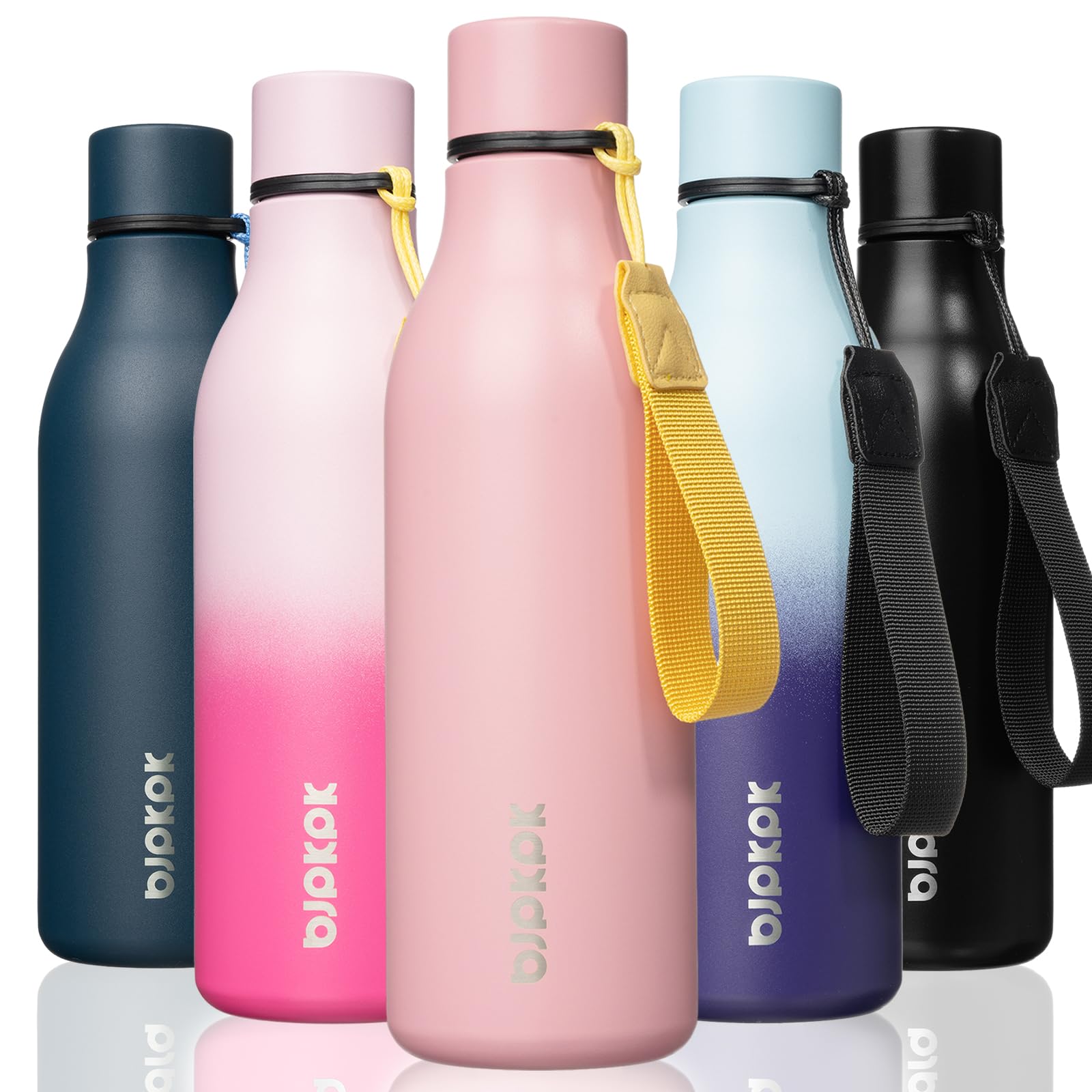 BJPKPK Insulated Water Bottles, 530ml Stainless Steel Metal Water Bottle with Strap, BPA Free Leak Proof Thermos, Mugs, Flasks, Reusable Water Bottle for Sports & Travel, Light Pink