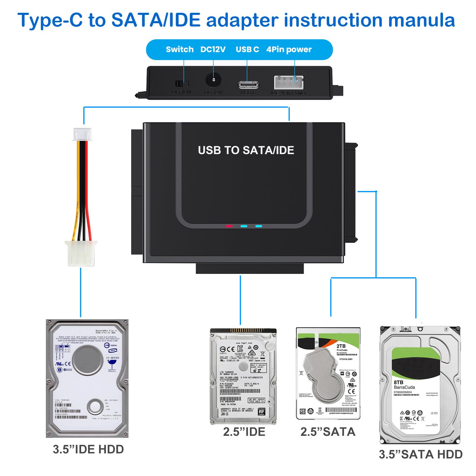 Adapter USB 3.0 na IED SATA, USB + typ C na zewnętrzny dysk twardy