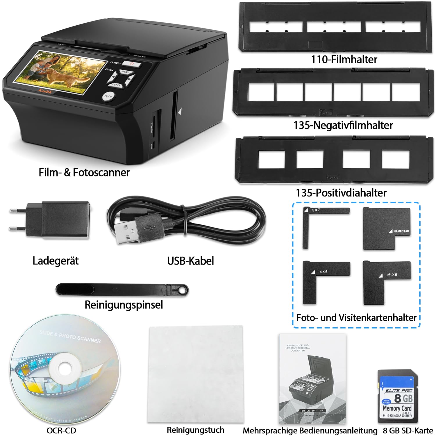 Fotoscaner, Multiscanner für Fotos, Dias und Negative, Digitalisierer mit 5" LCD-Bildschirm, 22 MP Konvertierung von 35mm/110mm Filmen, inkl. 8GB SD-Karte