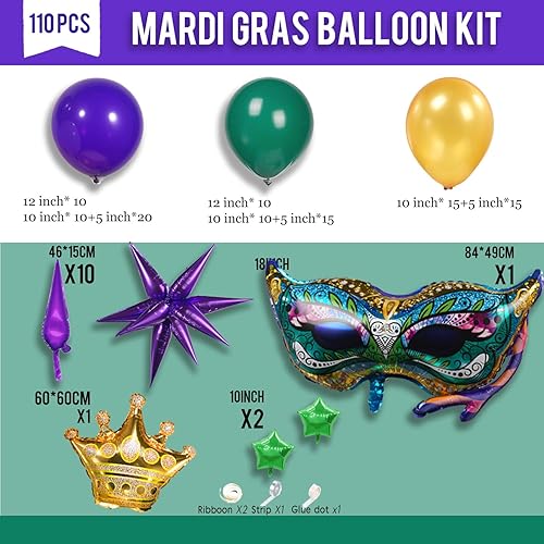 Miniatura 7 de Kit de arco de guirnalda de globos de Mardi Gras, 110 unidades, morado oscuro, verde, perla dorada con corona de estrella de Mylar, globos grandes
