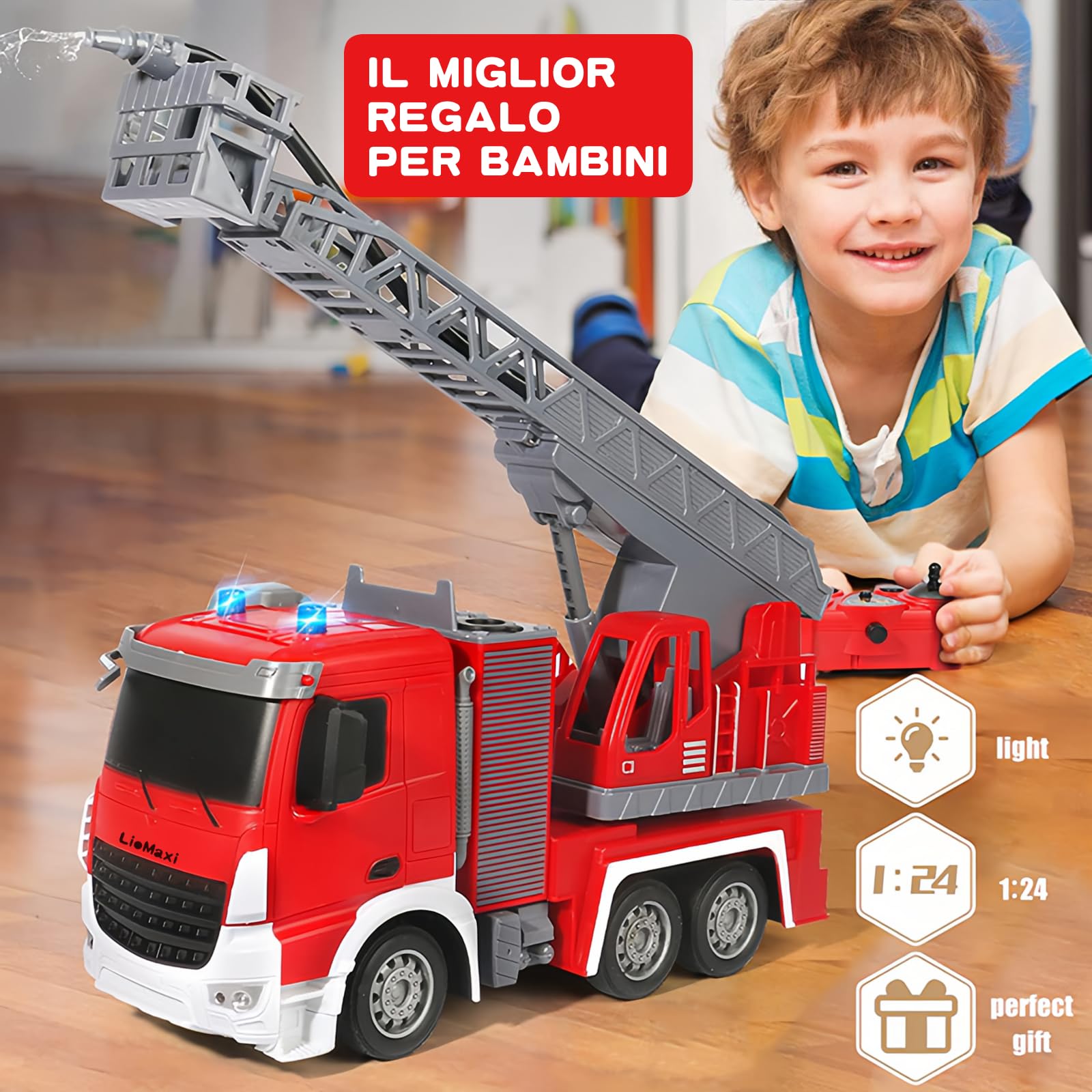Scala 1:24 telecomandata Giocattolo camion pompieri,con pompa spruzzatrice d'acqua, Camion pompieri radiocomandato con scala estensibile e luci, Scala girevole Manuale, Ricaricabile,Rosso
