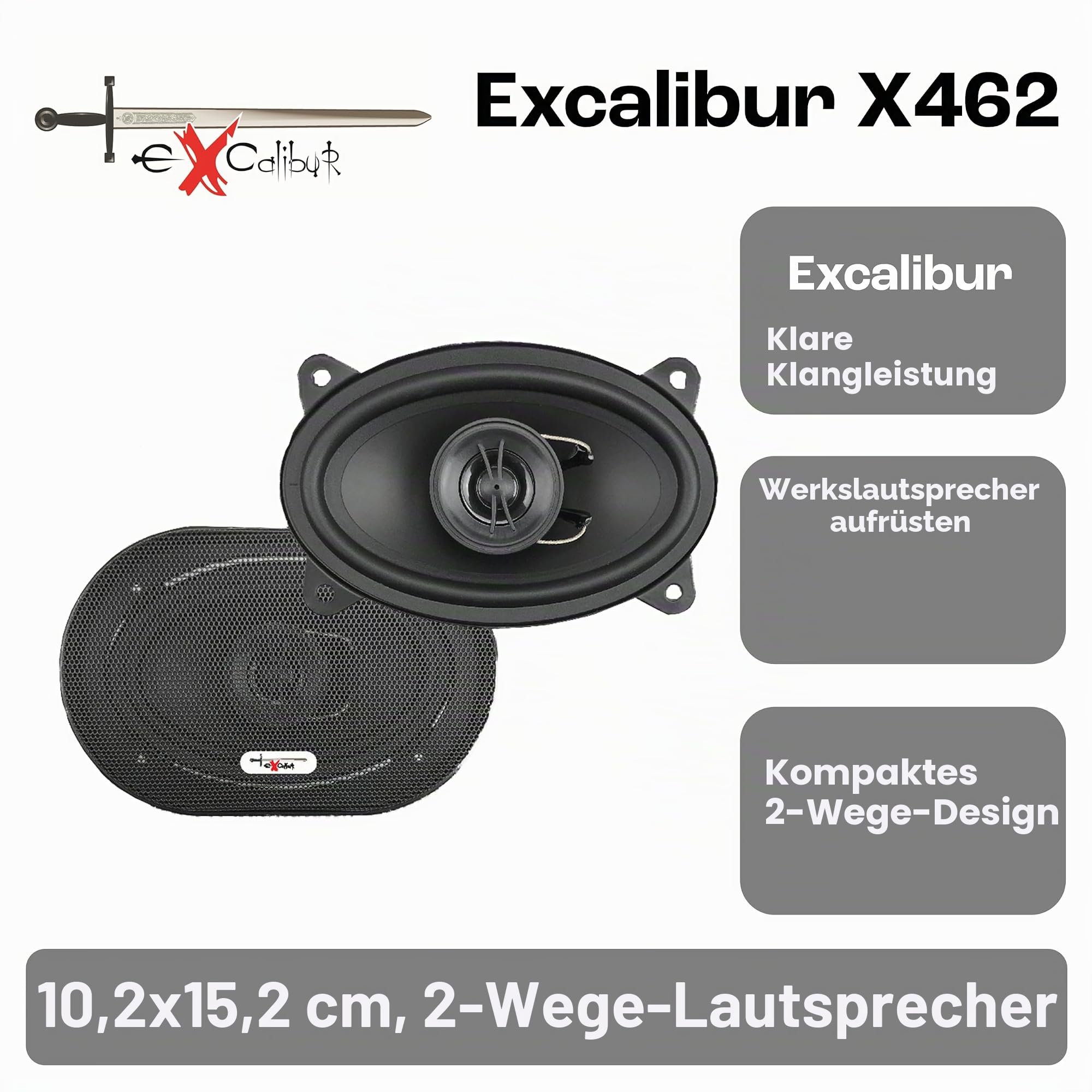 Excalibur X 462 4x6 Zoll 2-Wege Koaxial Lautsprecher Auto, mit 100W RMS Leistung, Set mit 2 Stück, ideal als Austausch für werkseitige Lautsprecher, starker Klang bei einfacher Installation