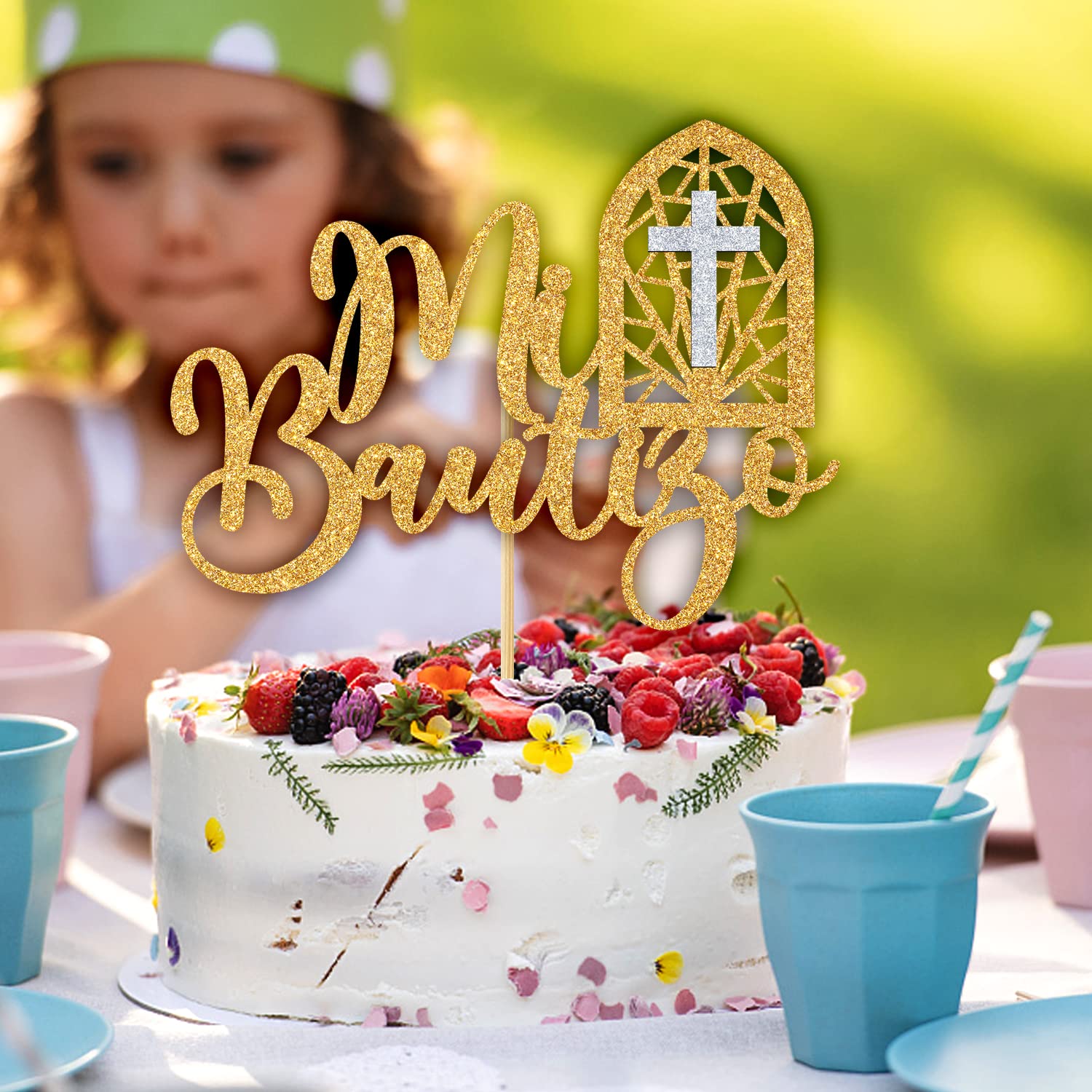 Glitzer Tortenaufsatz 'Mi Bautizo' – Spanische Taufe-Dekoration Für Kuchen, Gold, Für 1. Geburtstag & Baby Shower