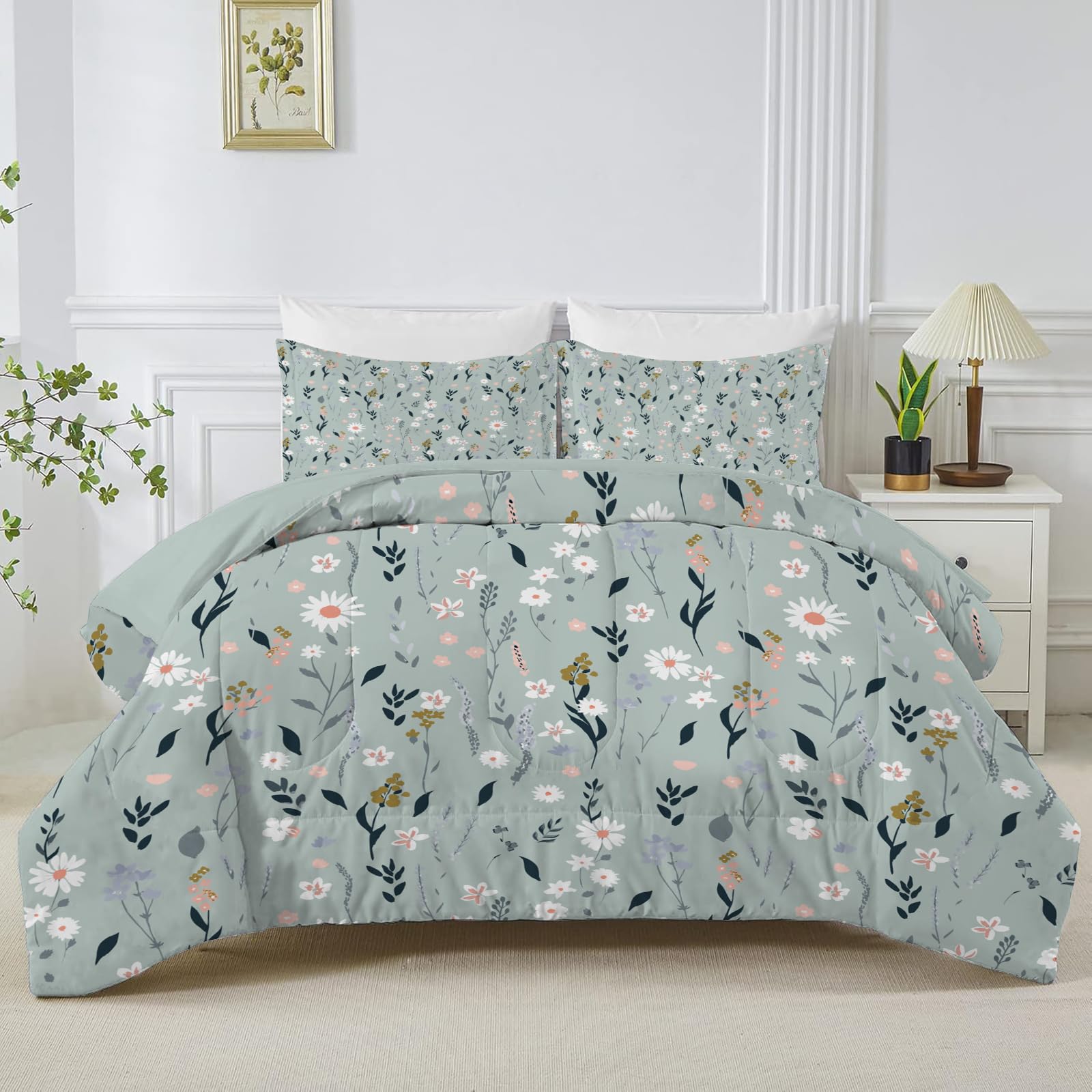 Linfye Sage Green Floral King Size Duvet, Reversible Coverless Leaf Plants Duvet King Size, Anti Allergy Bed Quilt King 7.5 Tog for All Seasons - 1 Soft Comforter Bedding with 2 Pillowcases - B25