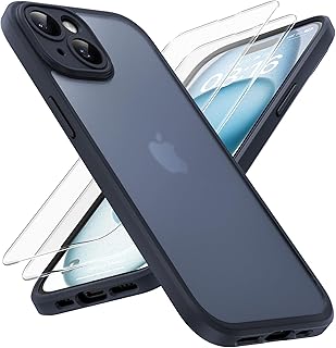 TOCOL for iPhone 15 Case with 2 Pack Screen Protector, [Upgraded Full Camera Protection] [Shockproof Protection] Translucent Matte Hard Back for iPhone 15 Phone Case 6.1 inch, Black