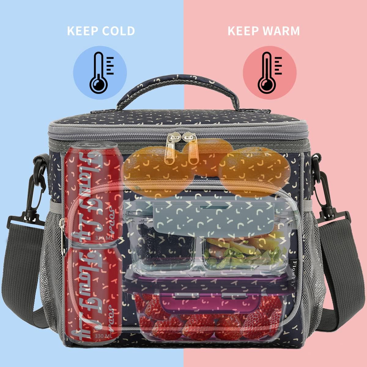 FlowFly Insulated Reusable Lunch Bag Adult Large Lunch Box for Women and Men with Adjustable Shoulder Strap,Front Zipper Pocket and Dual Large Mesh Side Pockets,Alphabet - Image 2
